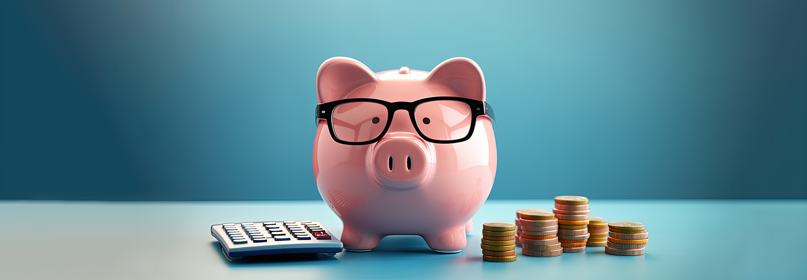 Piggy bank wearing glasses with calculator and coins.